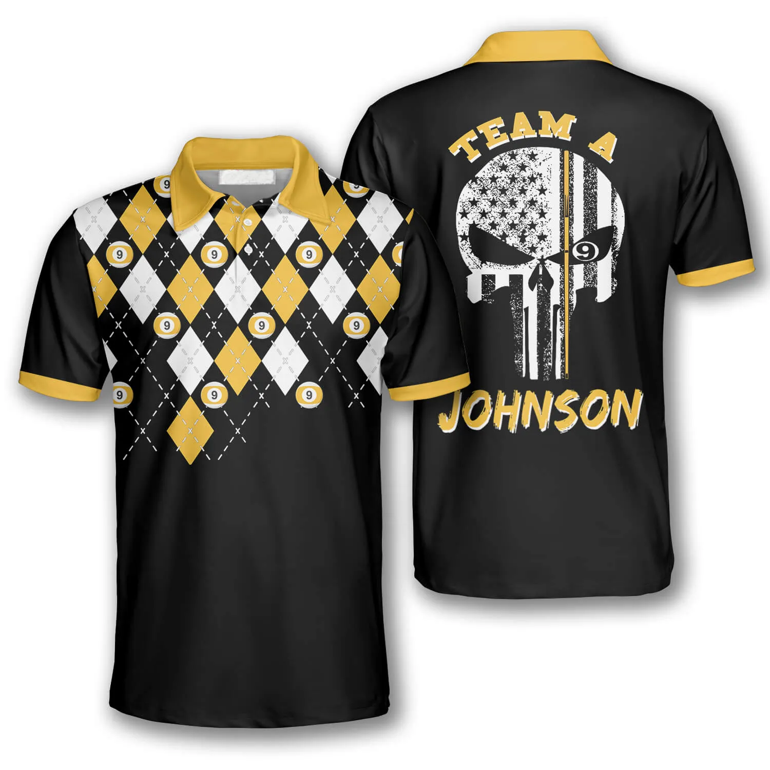 9 Ball Skull Argyle Pattern Custom Billiard Shirts for Men, Team a Custom Name Billiard