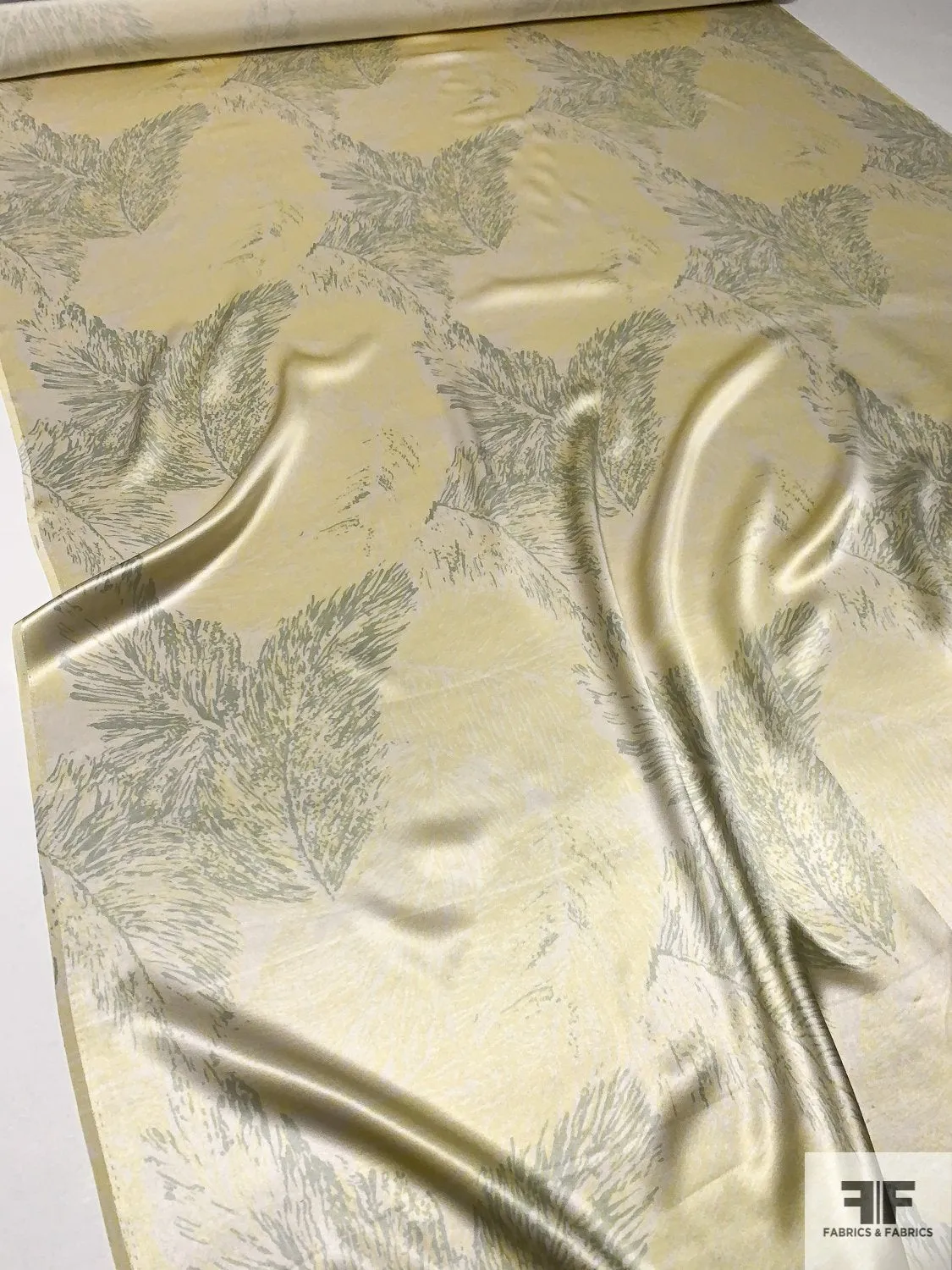 Airy Leaf Printed Silk Charmeuse - Light Yellow / Sage / Ivory