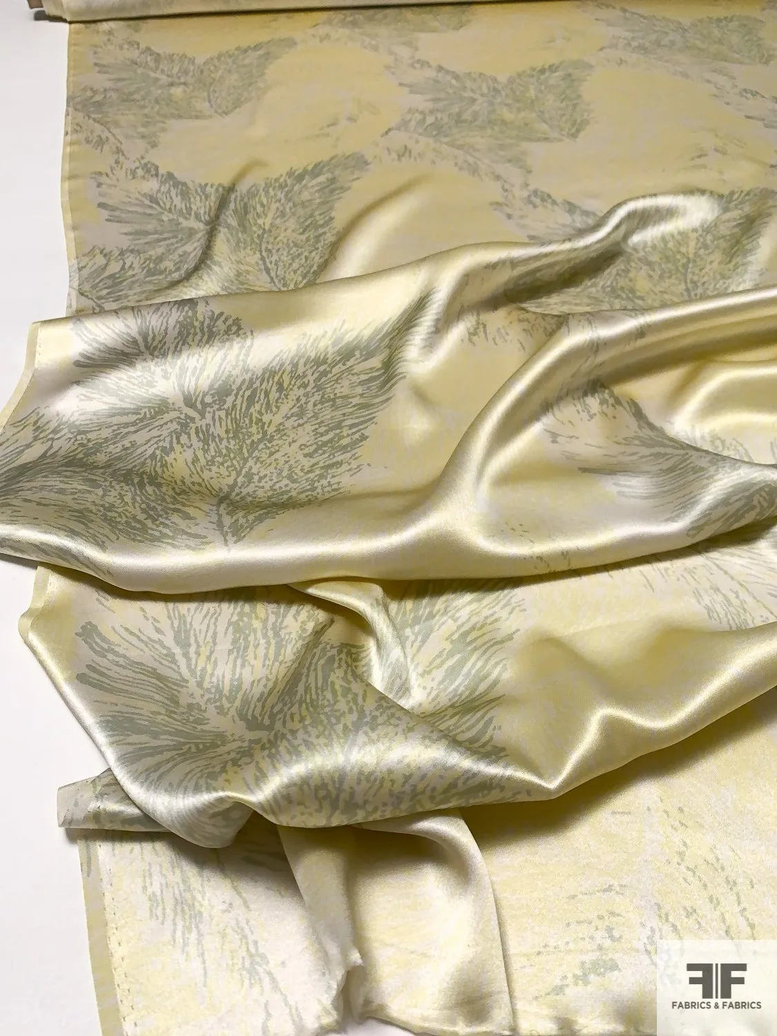 Airy Leaf Printed Silk Charmeuse - Light Yellow / Sage / Ivory