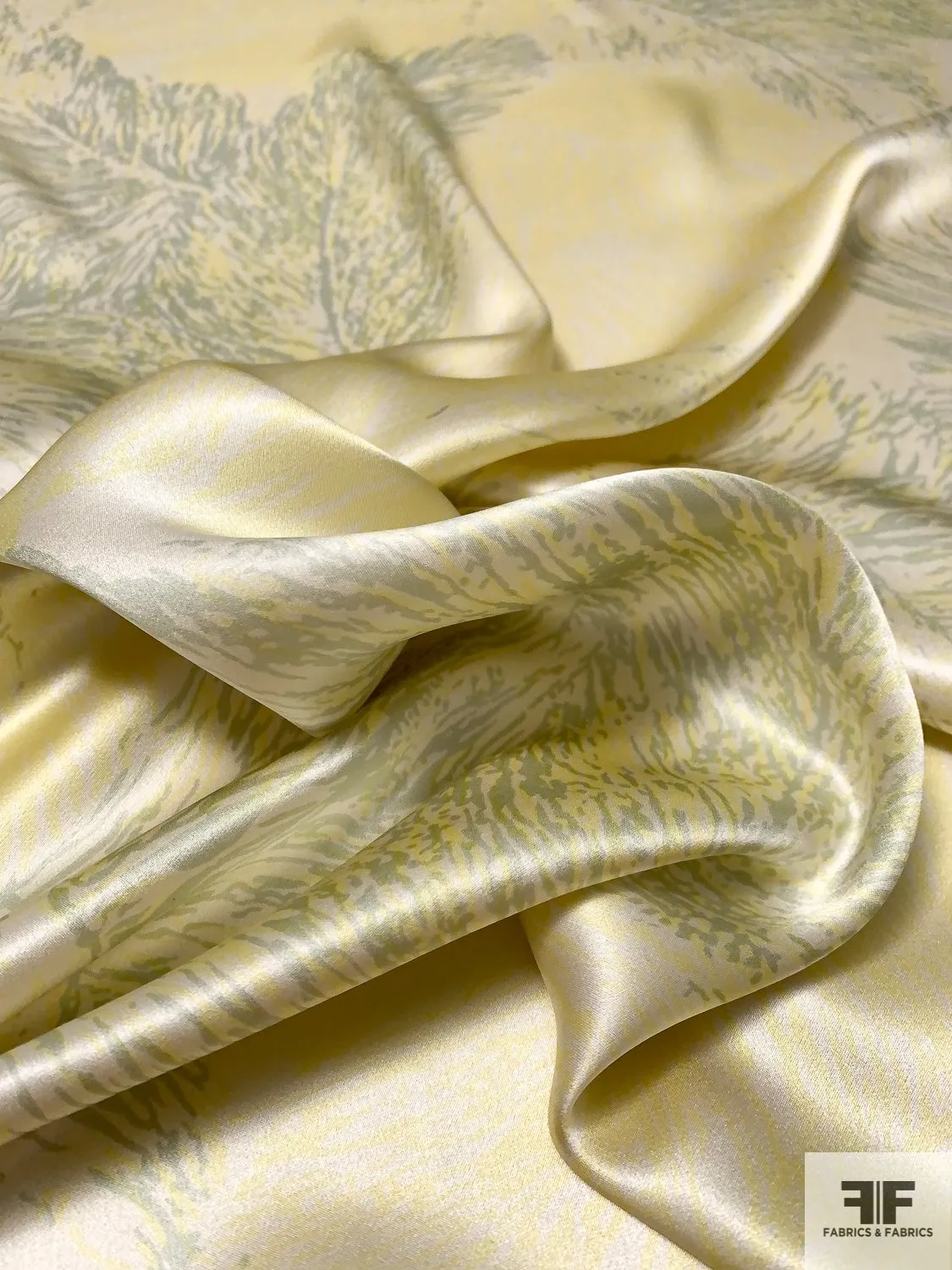 Airy Leaf Printed Silk Charmeuse - Light Yellow / Sage / Ivory