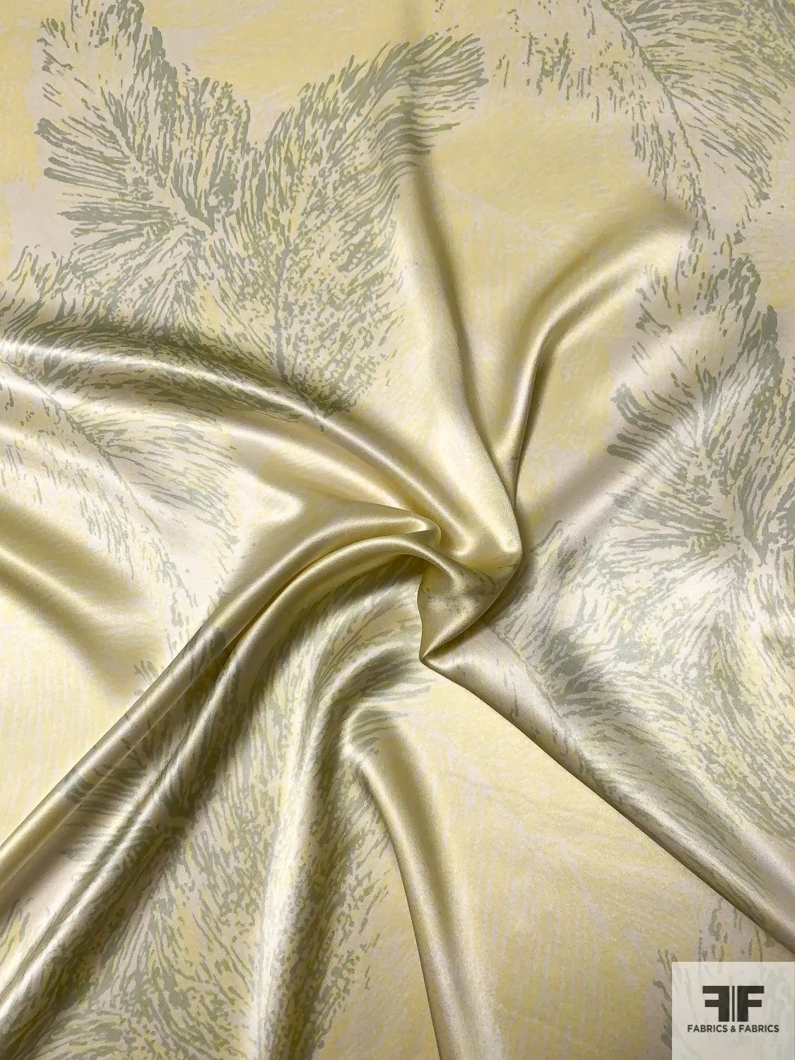 Airy Leaf Printed Silk Charmeuse - Light Yellow / Sage / Ivory