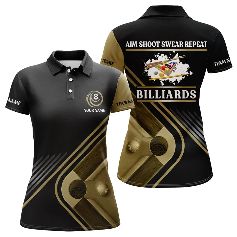 Billiards Aim Shoot Swear Repeat Custom Billiard Polo Shirts For Women, Multi Color Women Billiard Polo Shirt