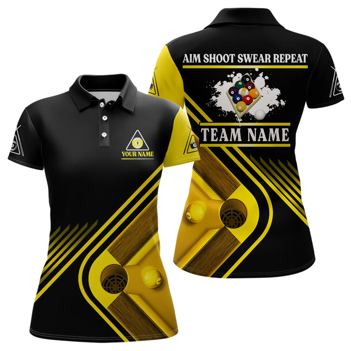 Billiards Aim Shoot Swear Repeat Custom Billiard Polo Shirts For Women, Multi Color Women Billiard Polo Shirt
