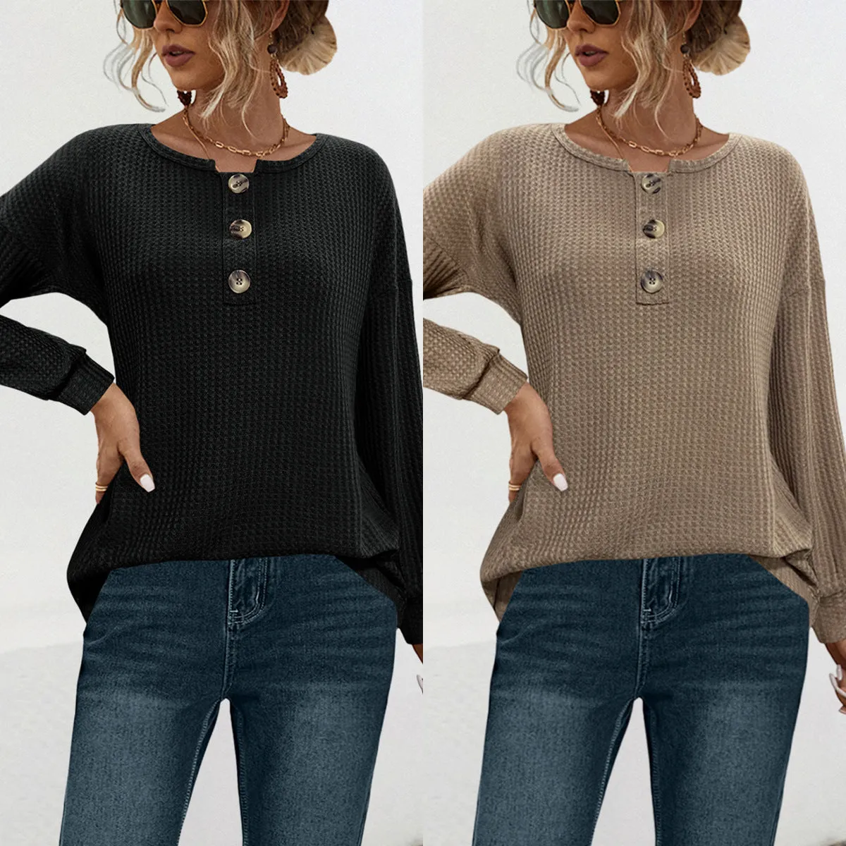 Button Knitted Casual Fashion Tops Wholesale Womens Clothing N3824080300070