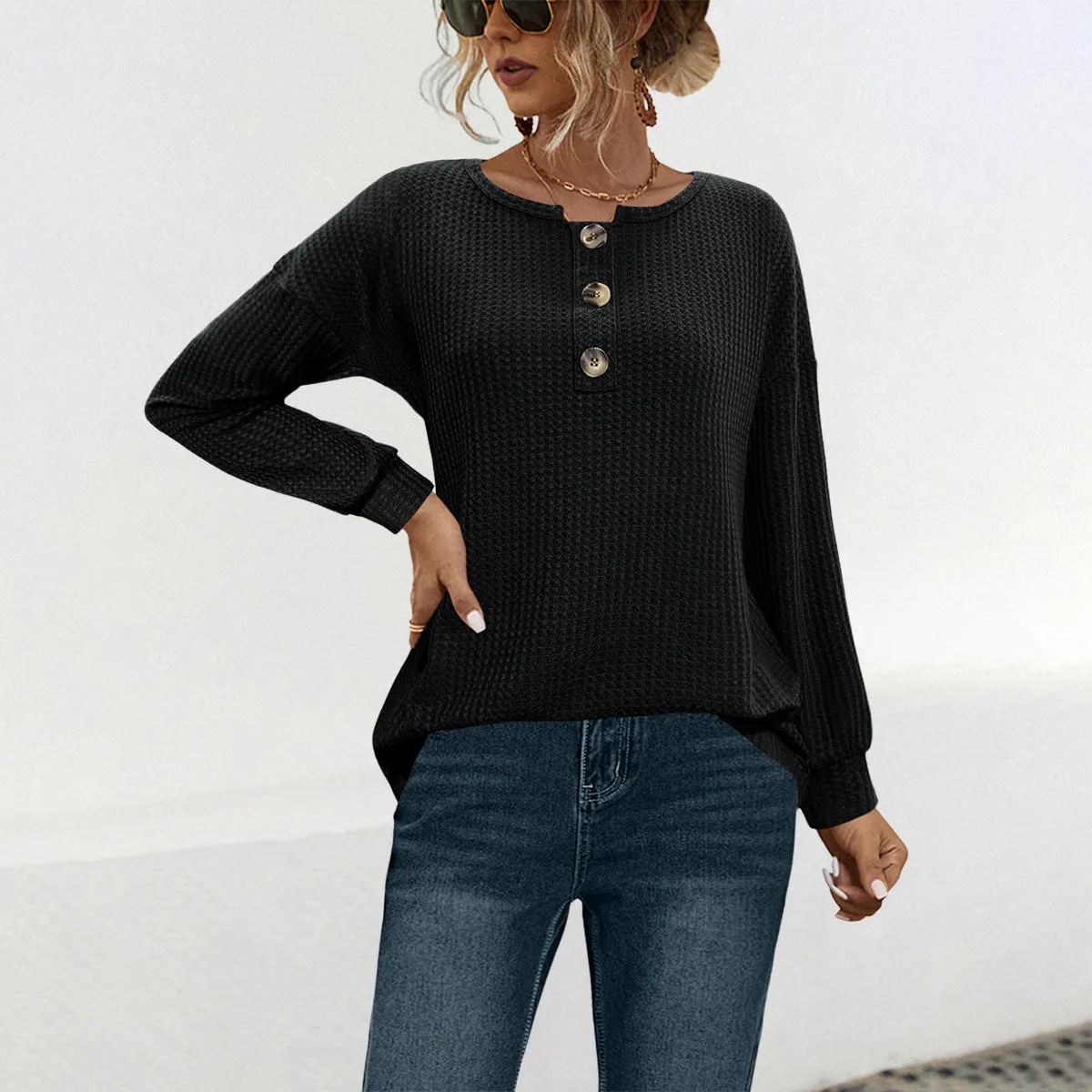 Button Knitted Casual Fashion Tops Wholesale Womens Clothing N3824080300070