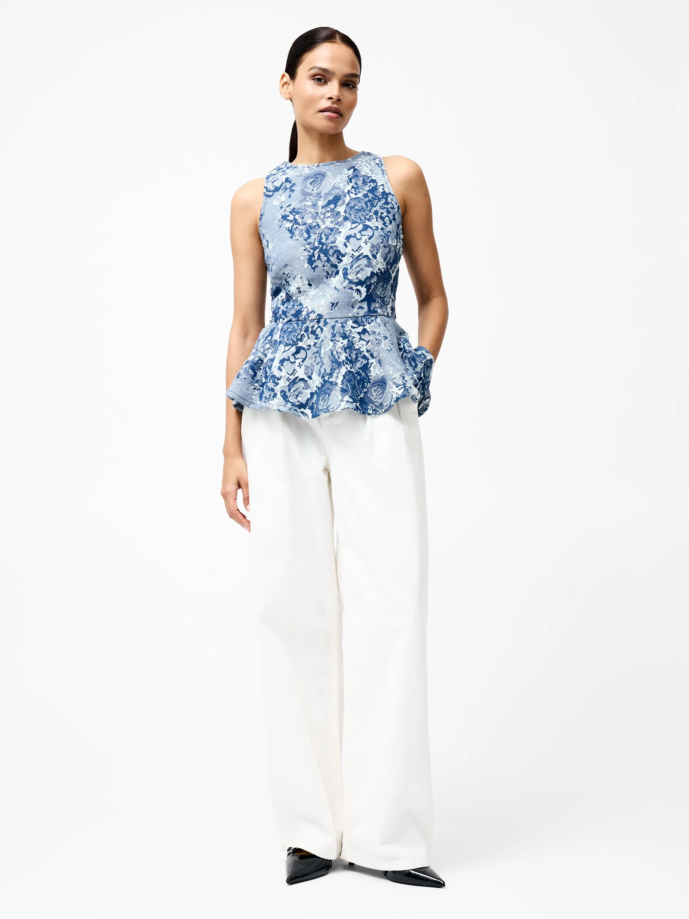 Charlotte Denim Jacquard Peplum Top