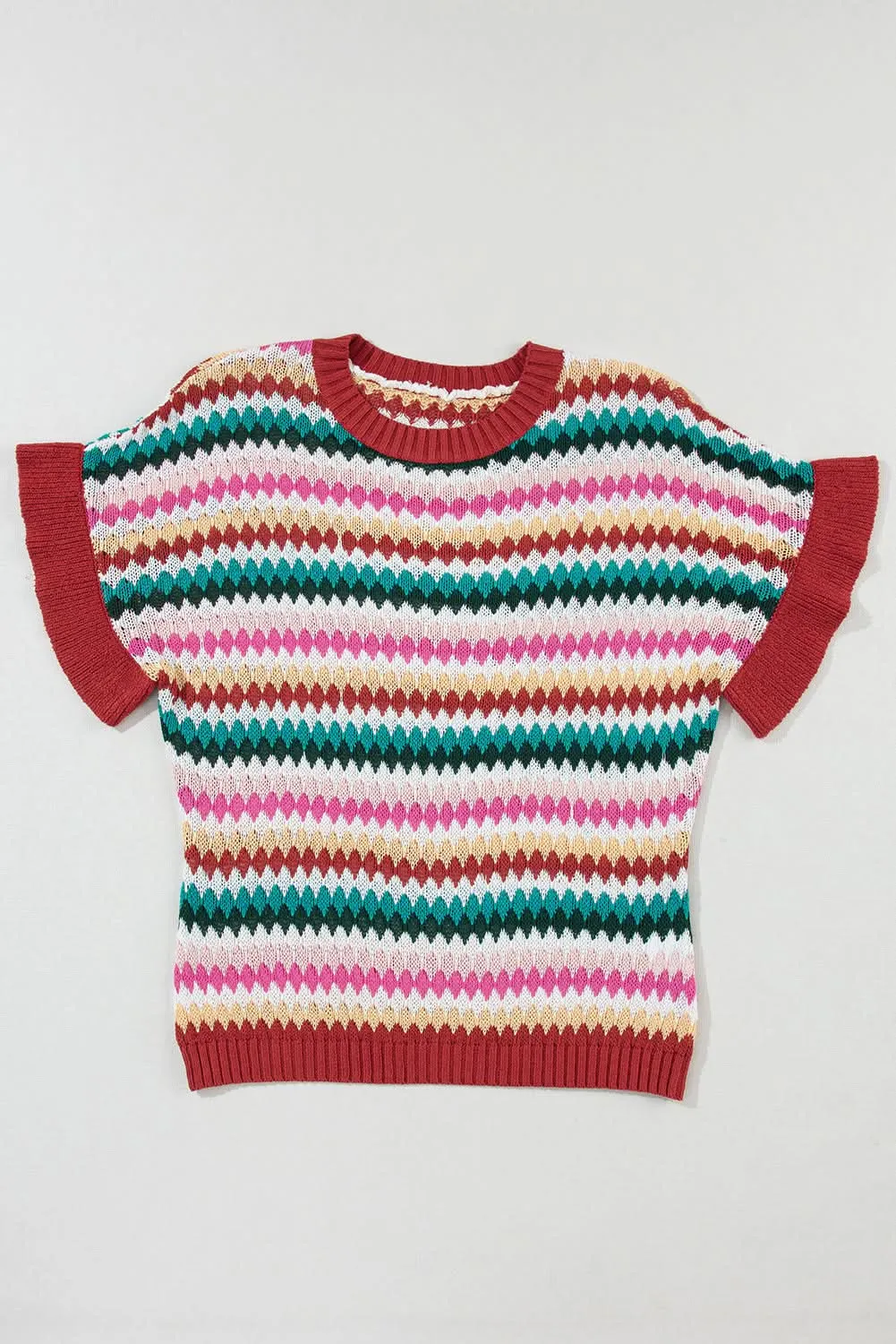Fiery Red Trimmed Ruffle Sleeve Colorful Textured Sweater