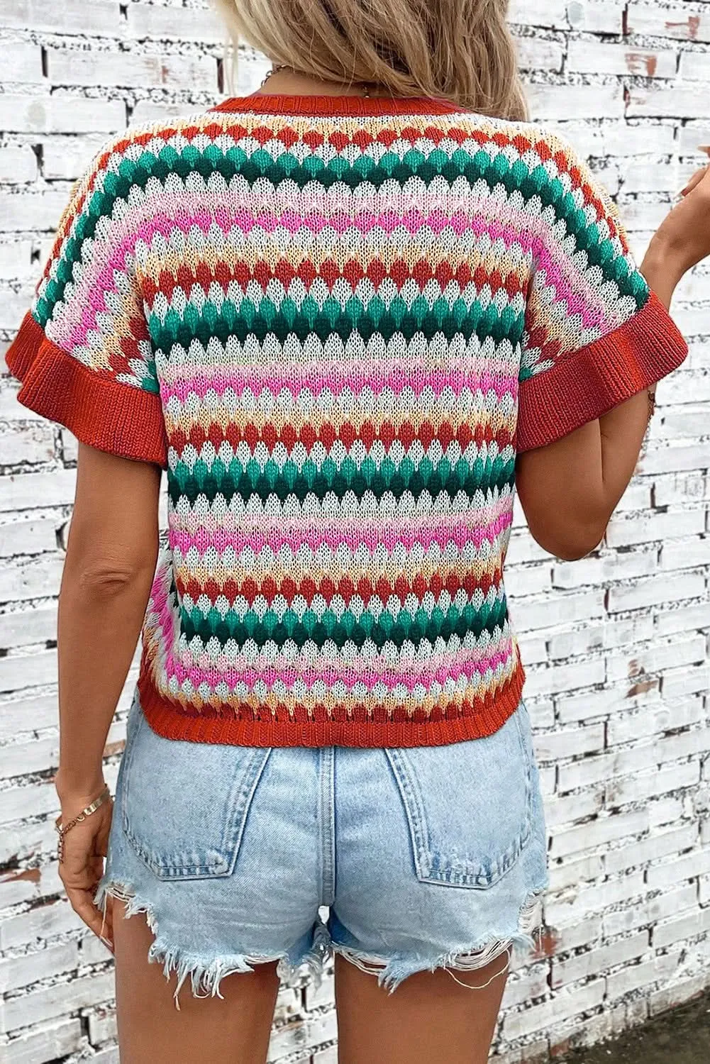 Fiery Red Trimmed Ruffle Sleeve Colorful Textured Sweater