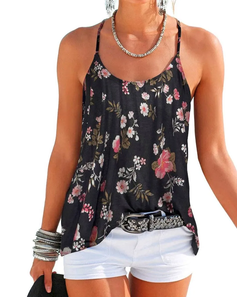 Floral Strappy Back Tank Top: L / Black