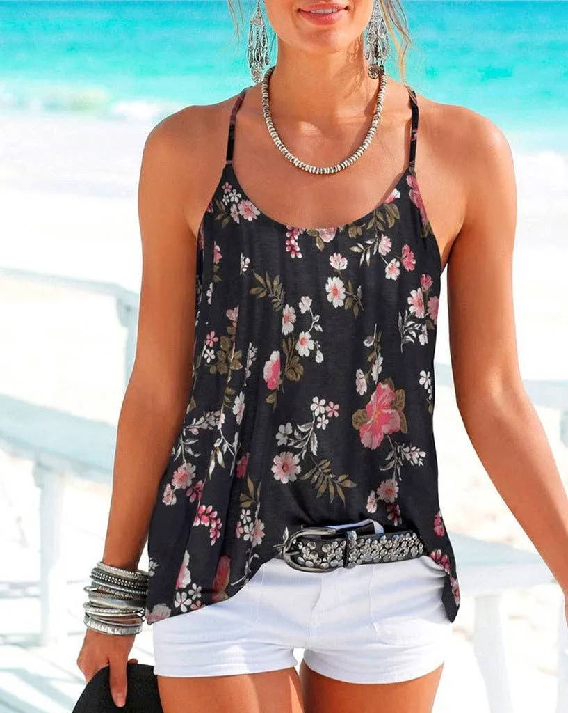 Floral Strappy Back Tank Top: M / Black