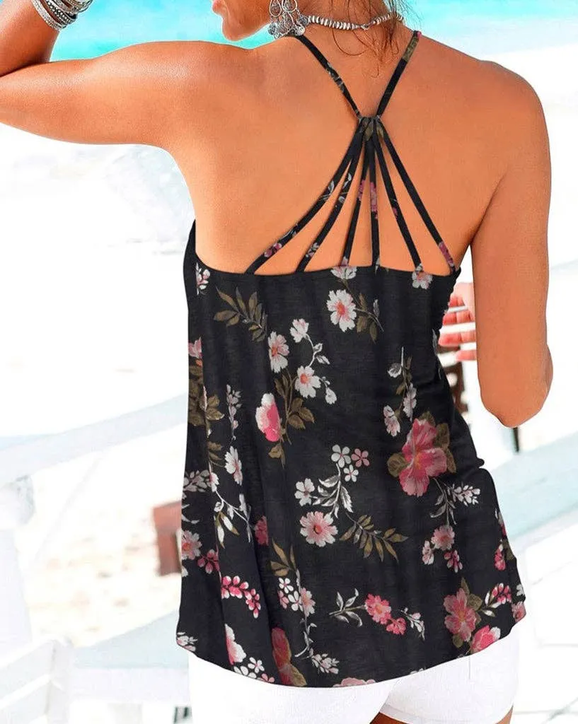 Floral Strappy Back Tank Top: M / Black