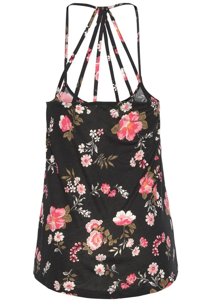 Floral Strappy Back Tank Top: M / Black