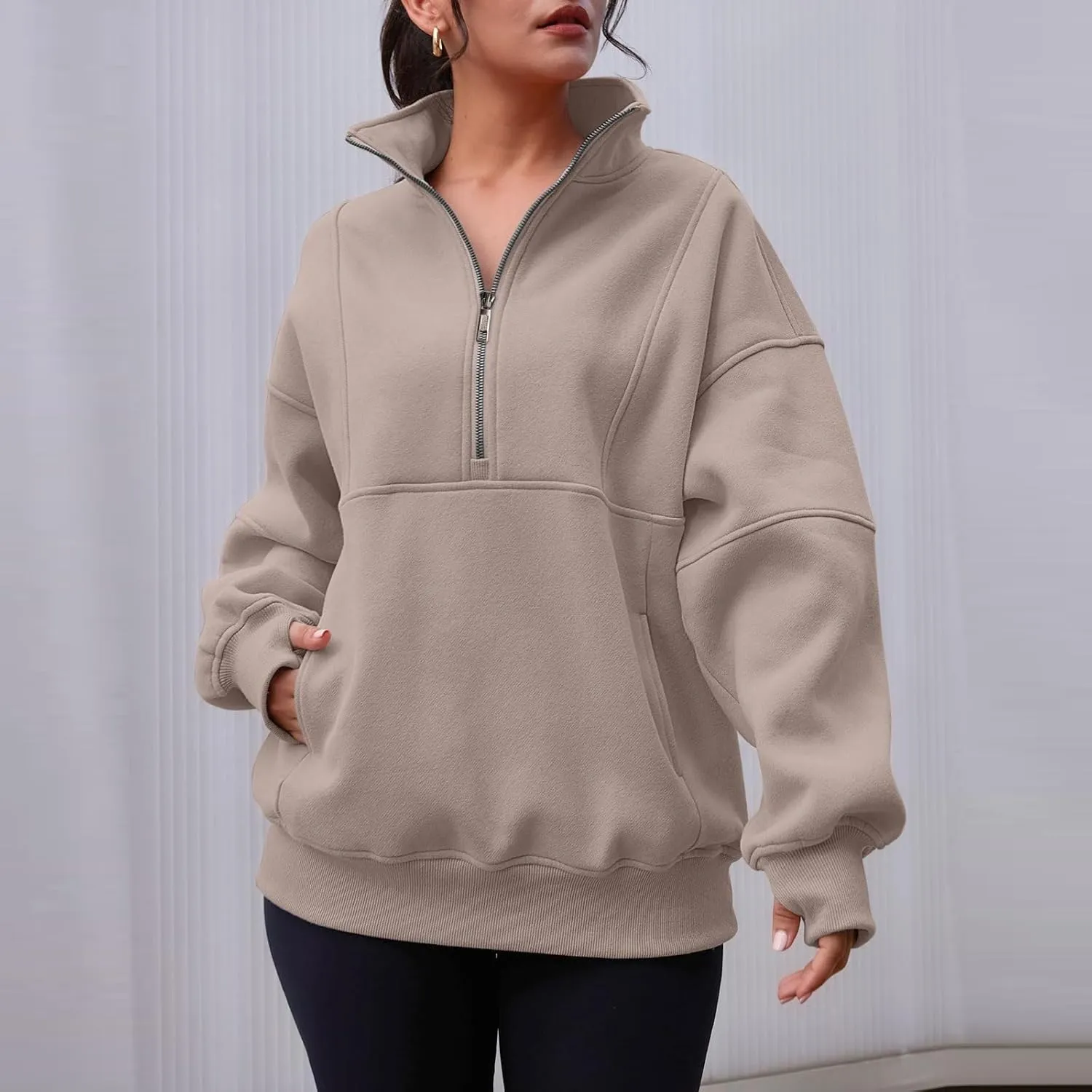 Half Zip Pullover Women Oversized Crewneck Sweatshirts with Pockets Loose Fit Thumb Hole Long Sleeve Sweaters