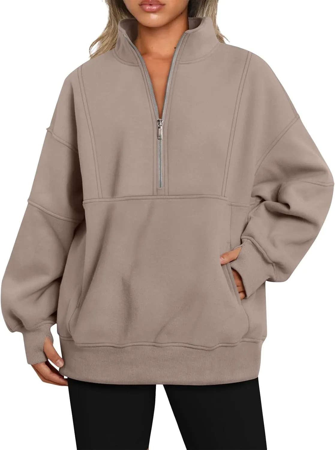 Half Zip Pullover Women Oversized Crewneck Sweatshirts with Pockets Loose Fit Thumb Hole Long Sleeve Sweaters
