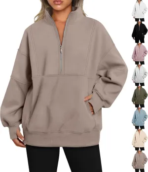 Half Zip Pullover Women Oversized Crewneck Sweatshirts with Pockets Loose Fit Thumb Hole Long Sleeve Sweaters