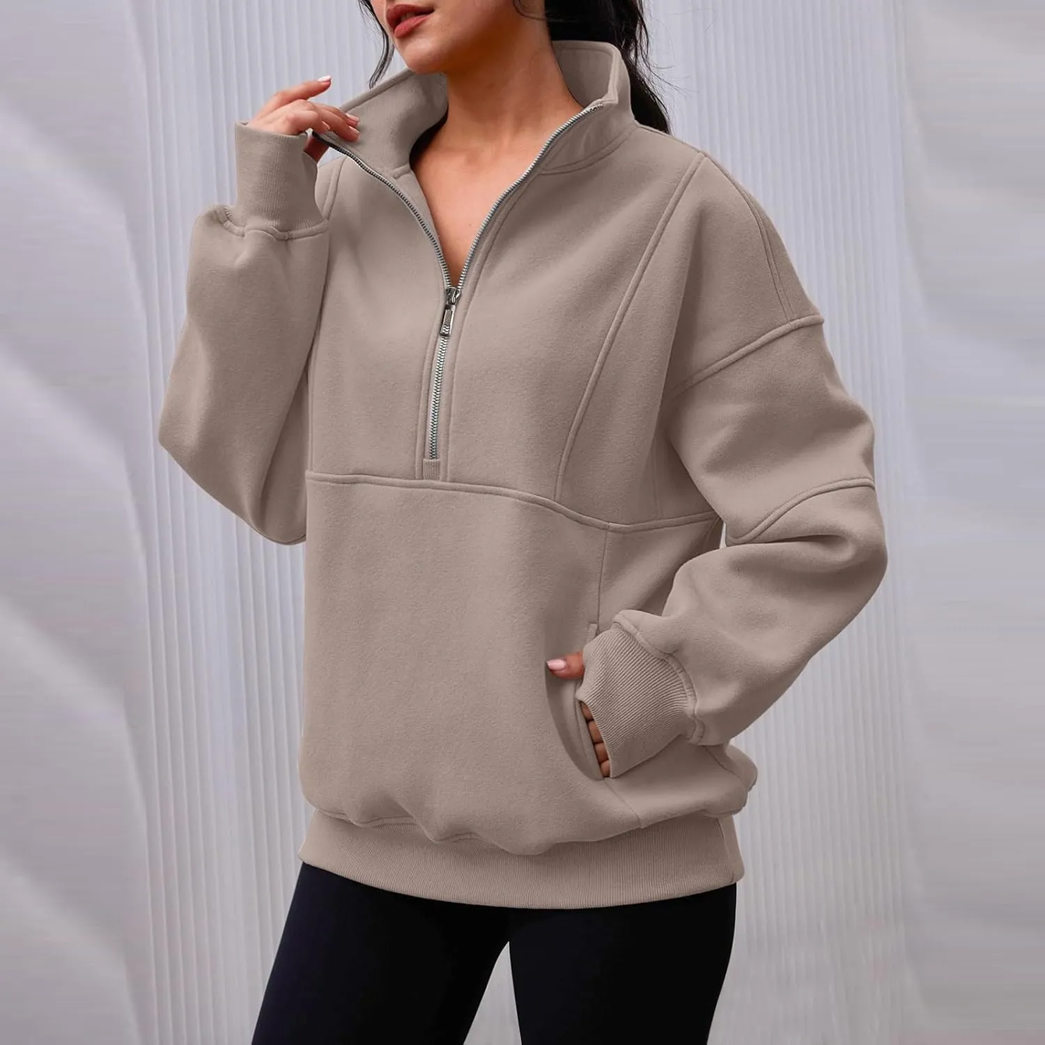 Half Zip Pullover Women Oversized Crewneck Sweatshirts with Pockets Loose Fit Thumb Hole Long Sleeve Sweaters