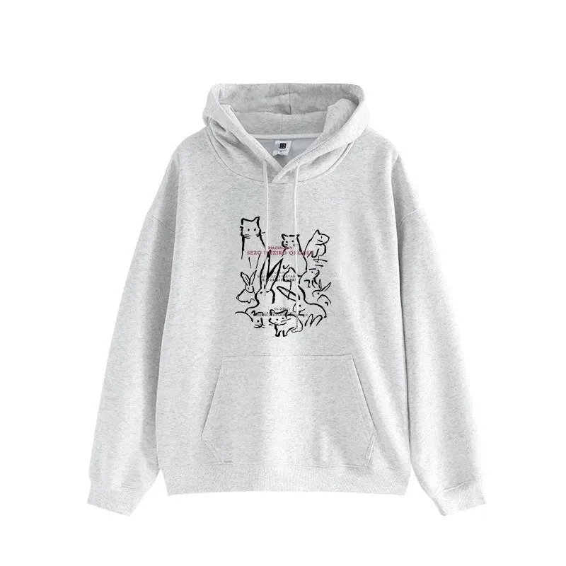 Loose Hooded Drawstring Lovely Printing Street Female Hoodies Winter Fashion Basic Simple Casual Pure Color Women Hoodies