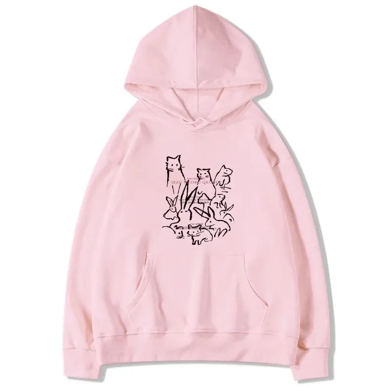 Loose Hooded Drawstring Lovely Printing Street Female Hoodies Winter Fashion Basic Simple Casual Pure Color Women Hoodies