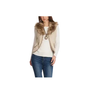 Montana Women's Faux Suede Antique Brass Studs Fur Removable Collar Creamy Vest