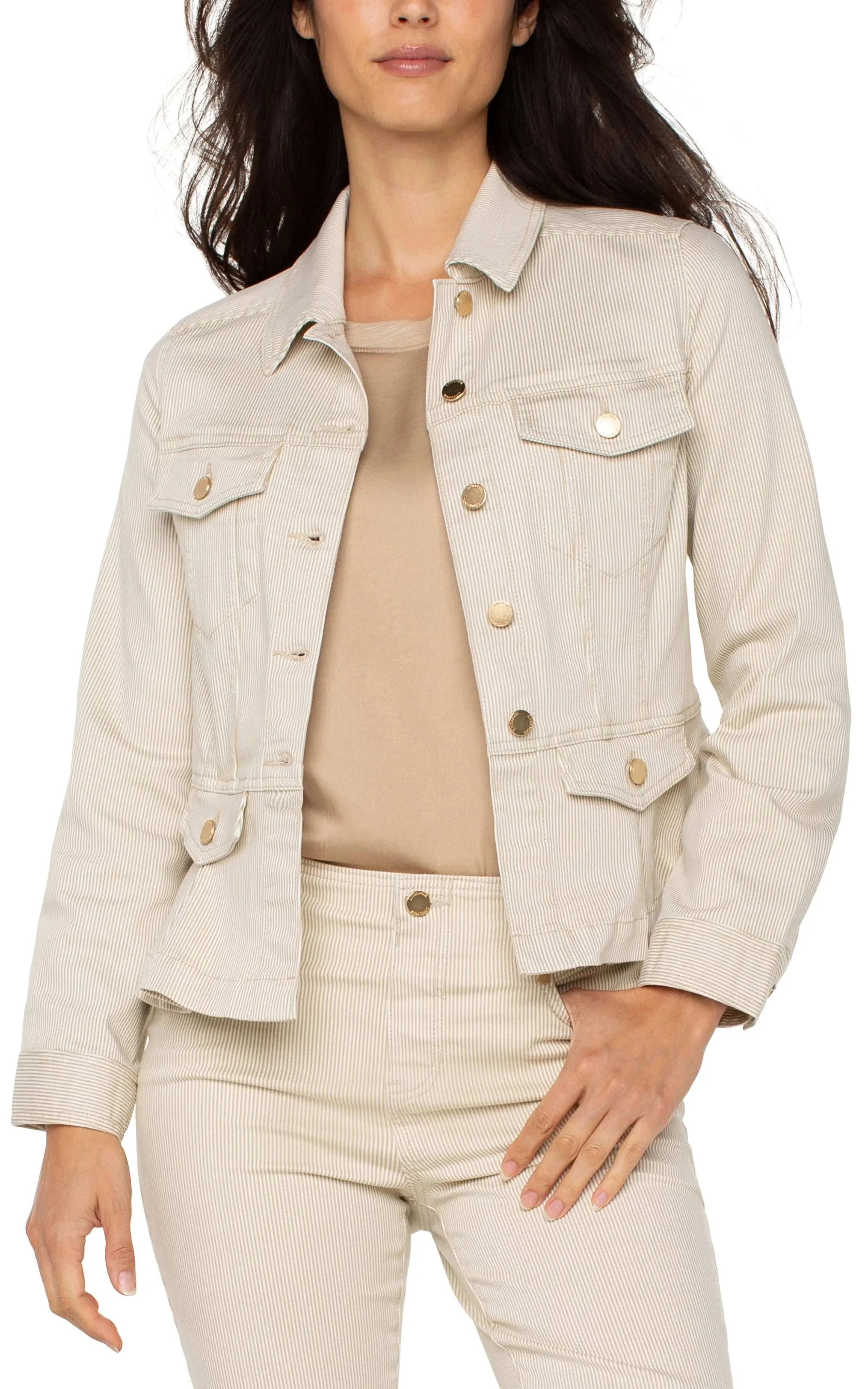 Paulette Peplum Denim Jacket in Cappuccino Stripe - Liverpool Los Angeles LM1036STP