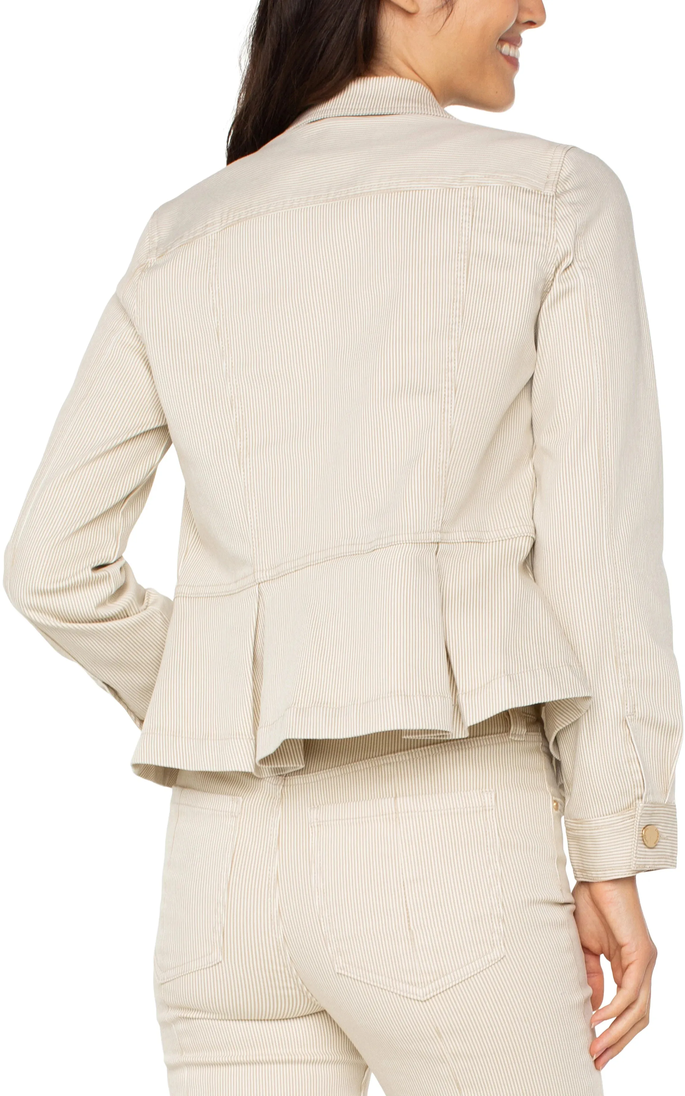 Paulette Peplum Denim Jacket in Cappuccino Stripe - Liverpool Los Angeles LM1036STP