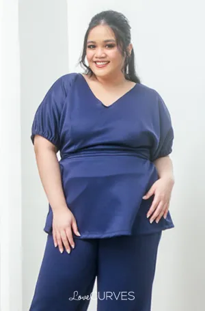 Pleated Waistband Peplum Top - Navy Blue