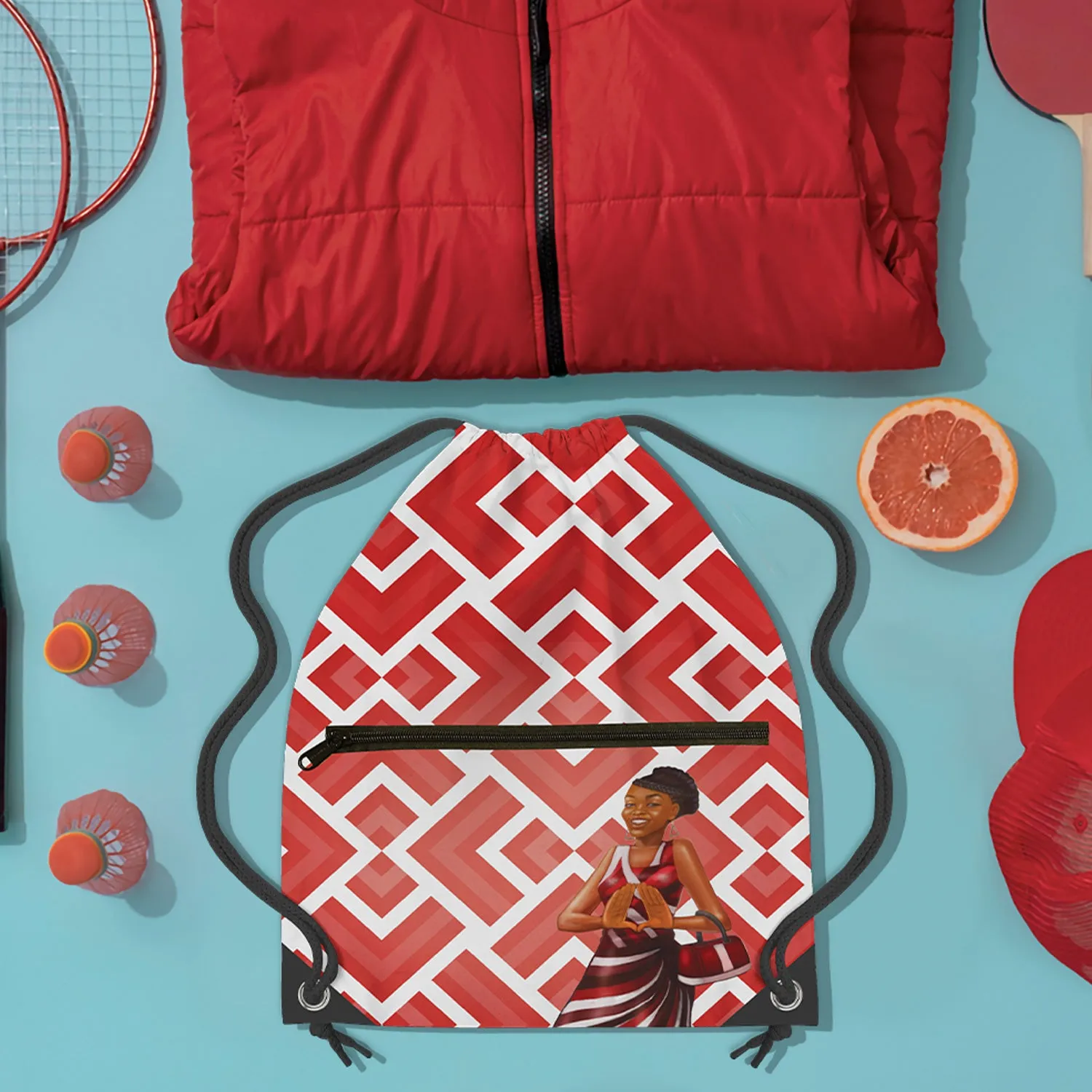 Red and White Drawstring Backpack