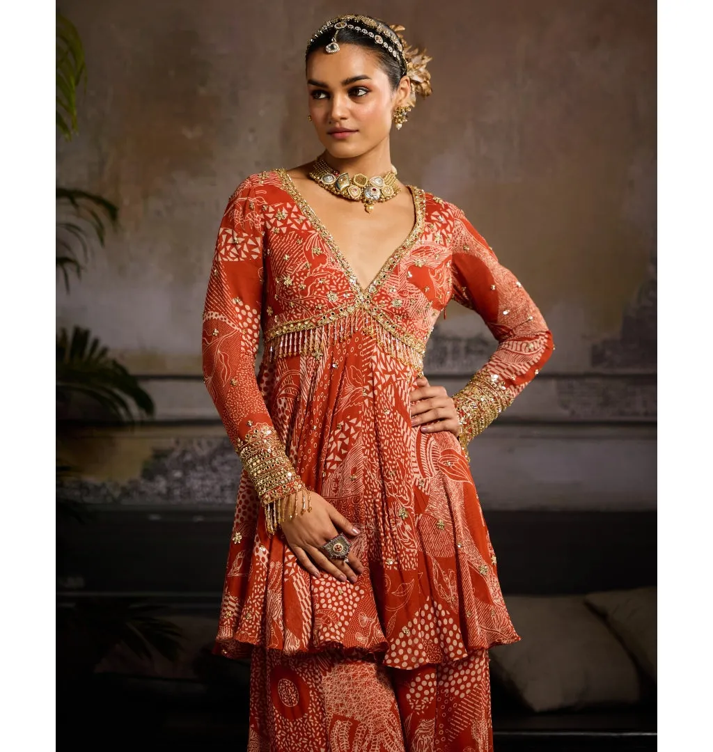 Rust Print Peplum Sharara Set