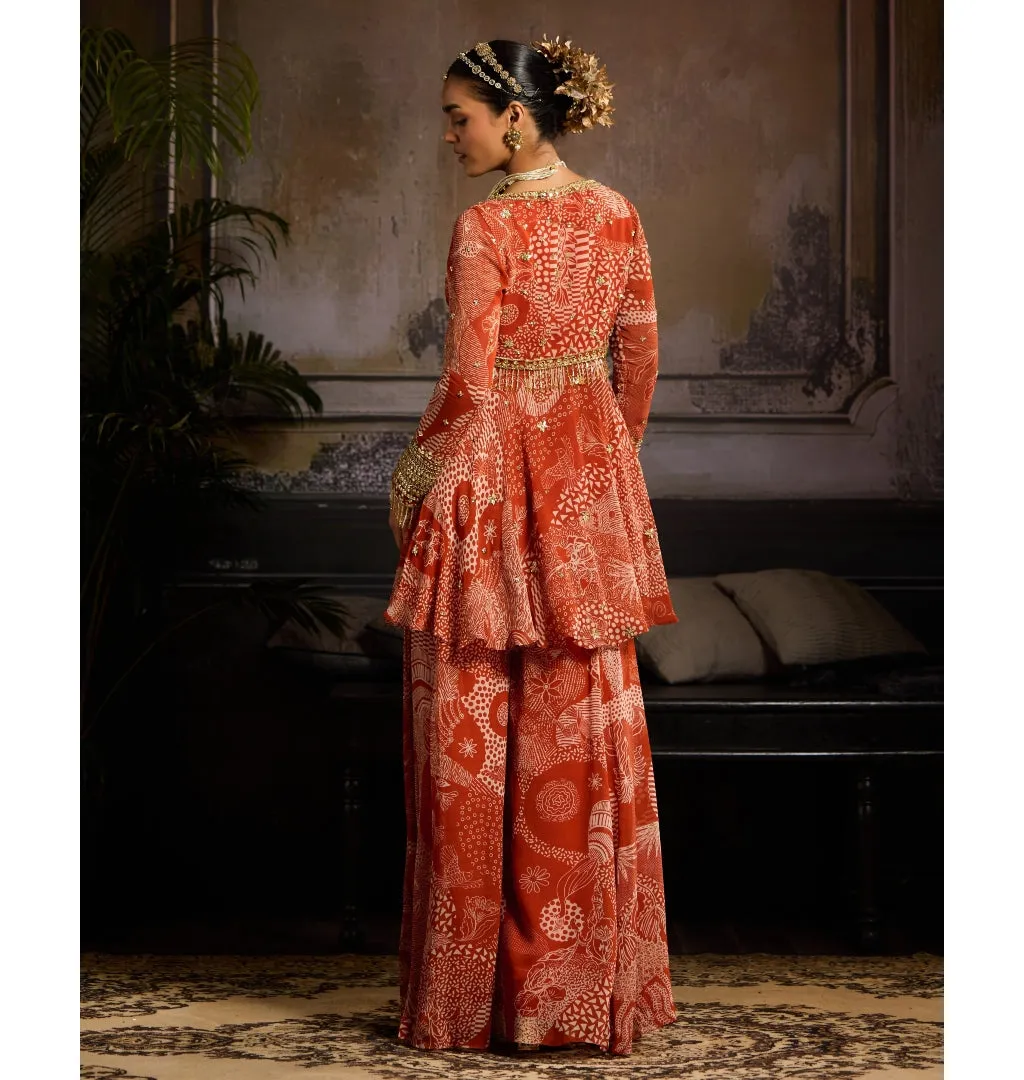 Rust Print Peplum Sharara Set