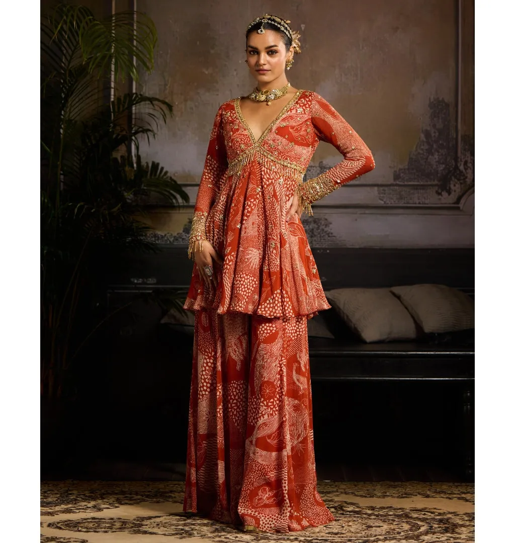 Rust Print Peplum Sharara Set