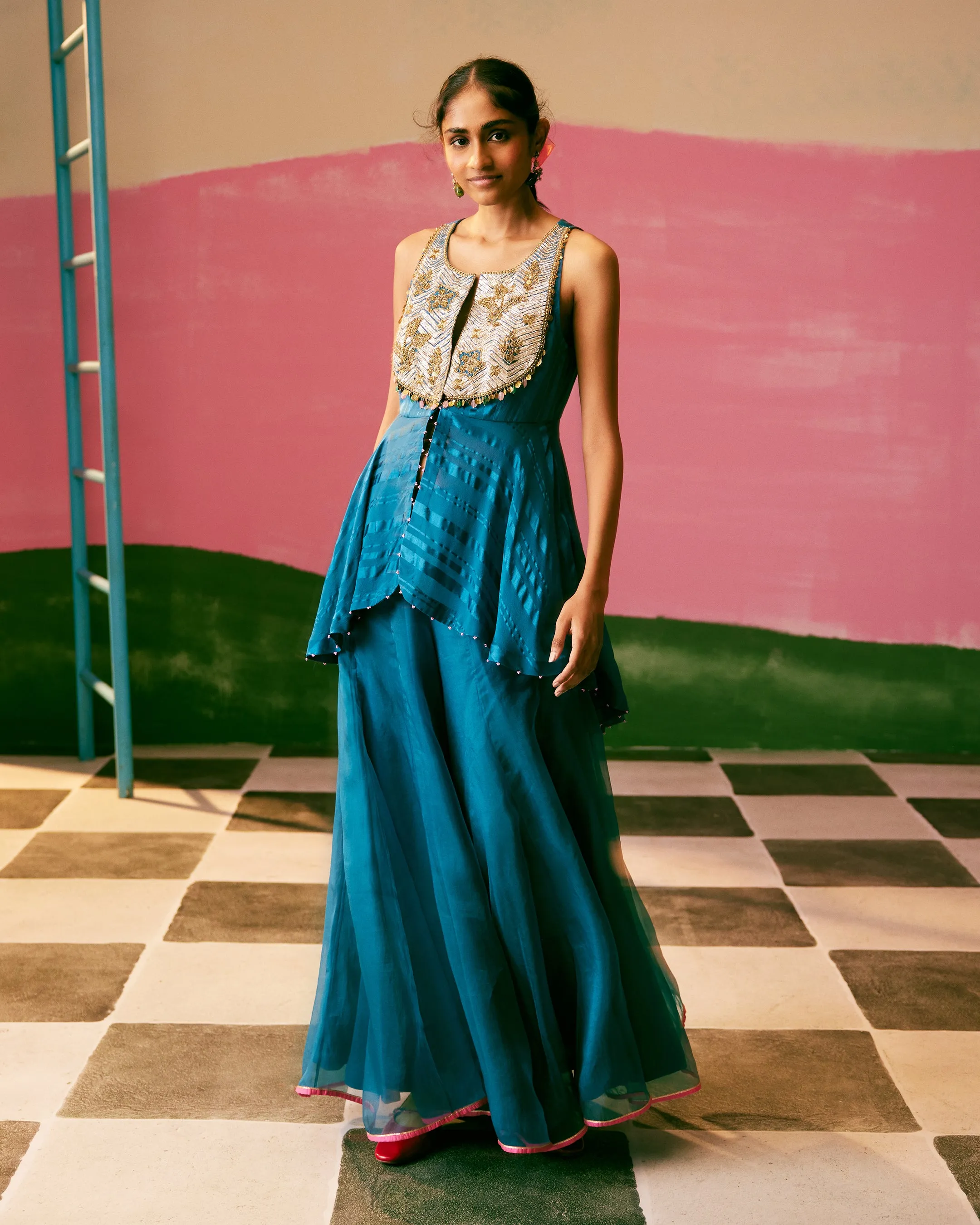 Sakhi Teal Blue Peplum Sharara Set