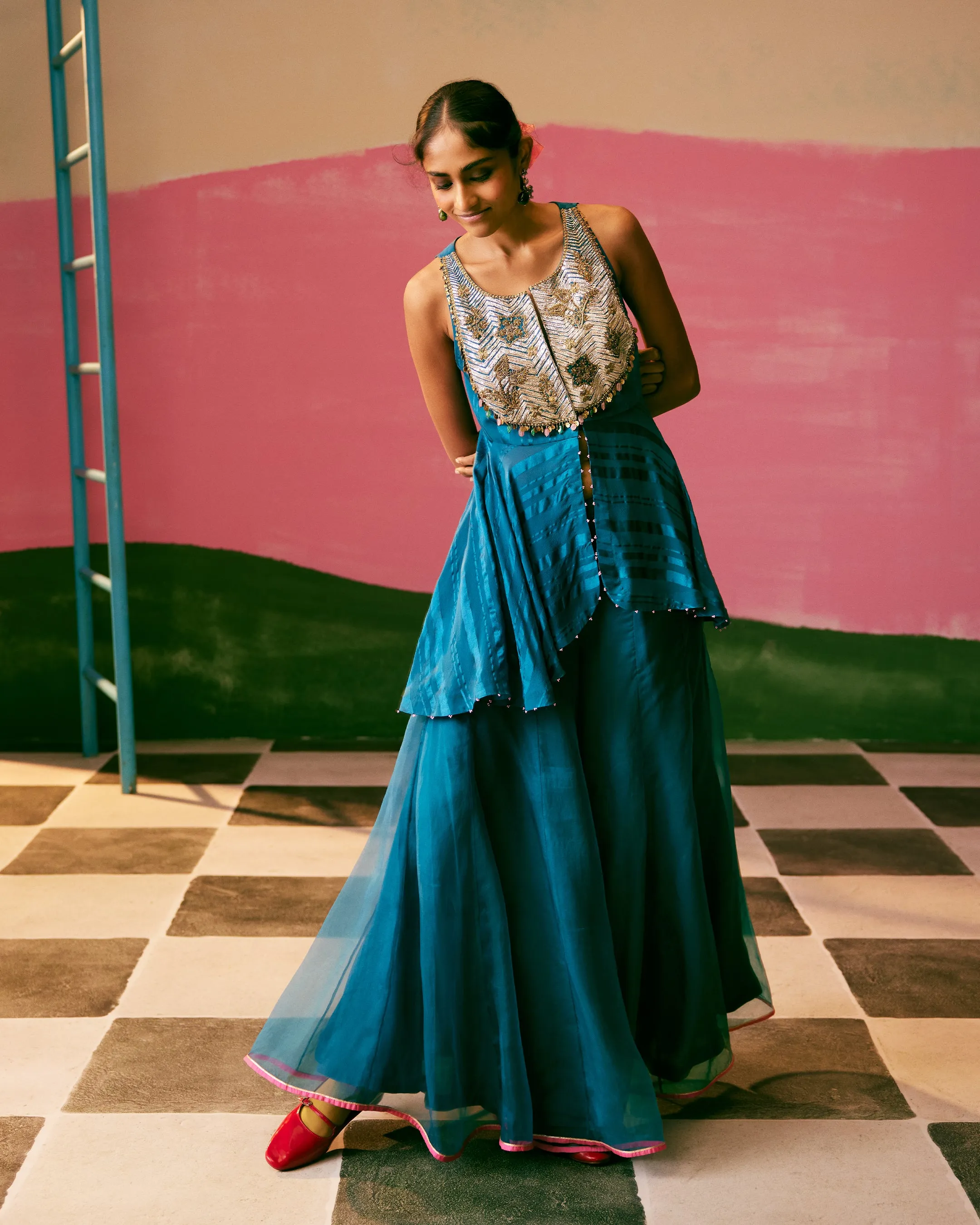 Sakhi Teal Blue Peplum Sharara Set