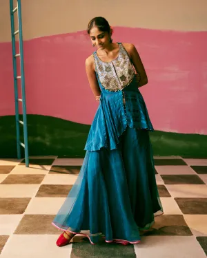 Sakhi Teal Blue Peplum Sharara Set