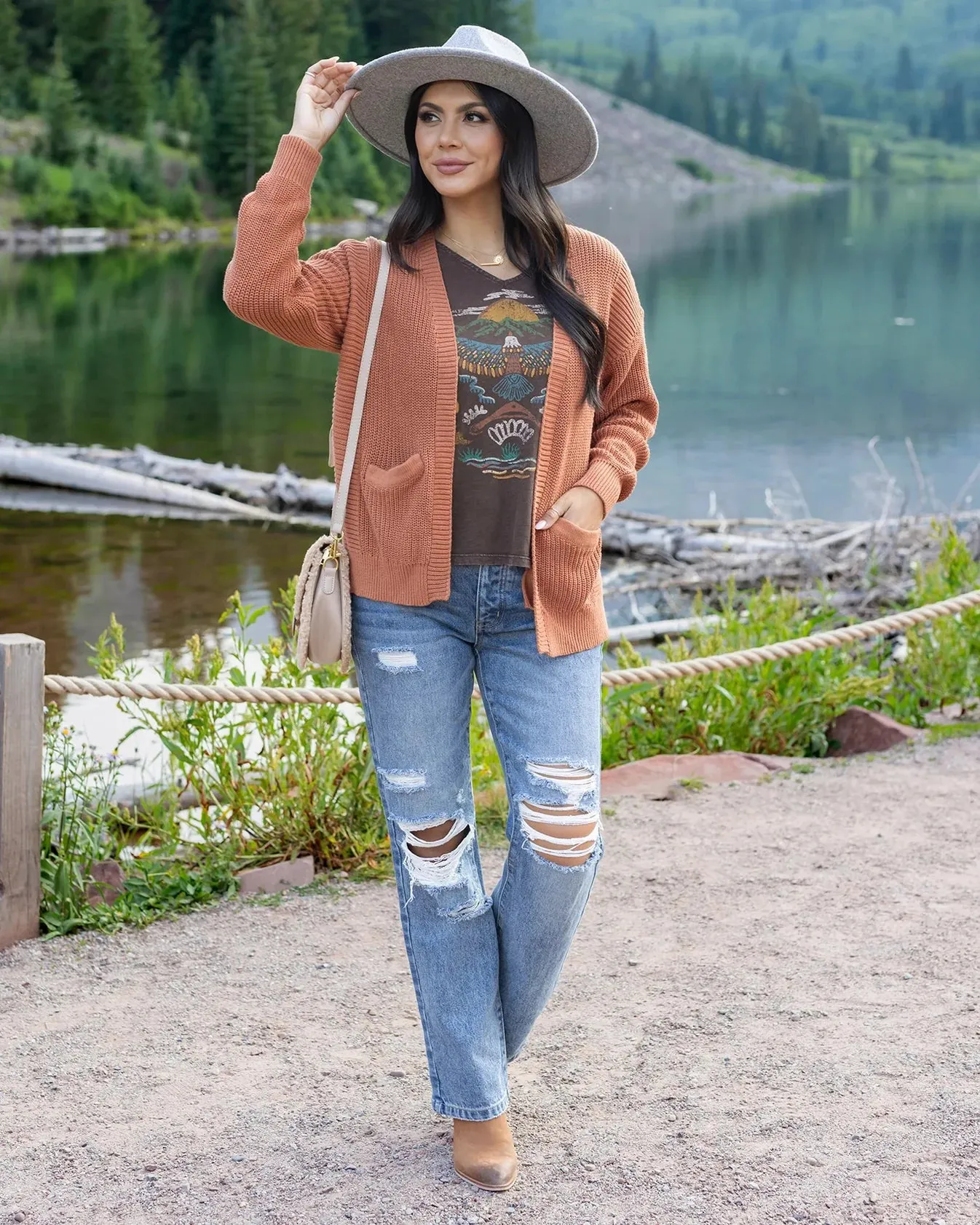 Slouchy Knit Pocket Cardigan In Baked Pumpkin by Grace & Lace (Ships in 1-2 Weeks)