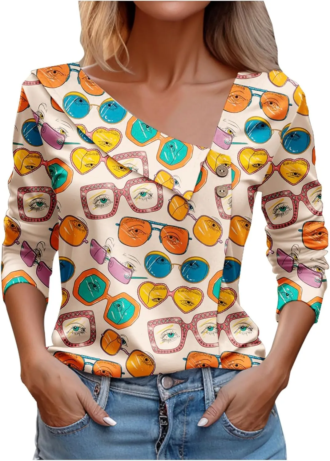 Women Tops Spring 2024 Long Sleeve V Neck Loose Shirts Plaid Print Asymmetric Button Blouses Business Casual Tunic