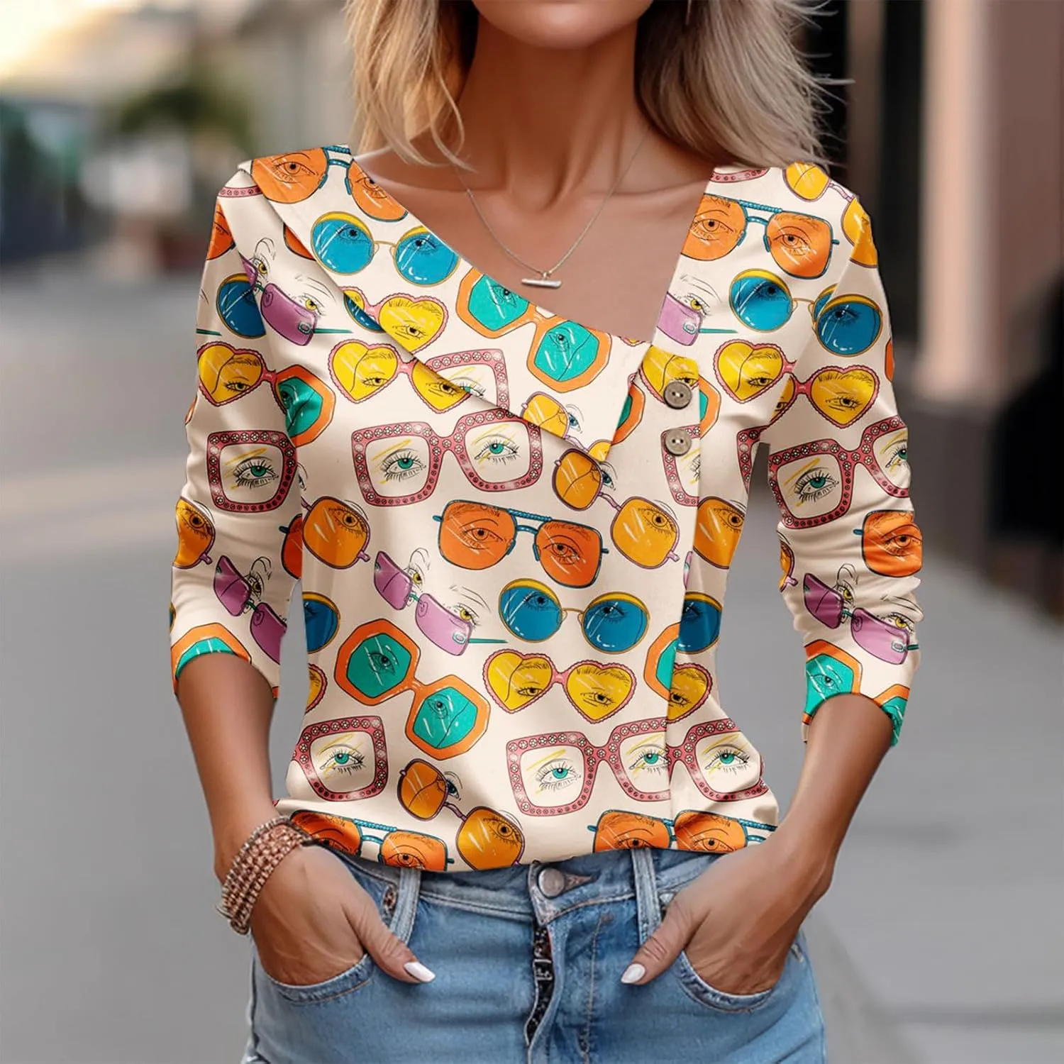 Women Tops Spring 2024 Long Sleeve V Neck Loose Shirts Plaid Print Asymmetric Button Blouses Business Casual Tunic