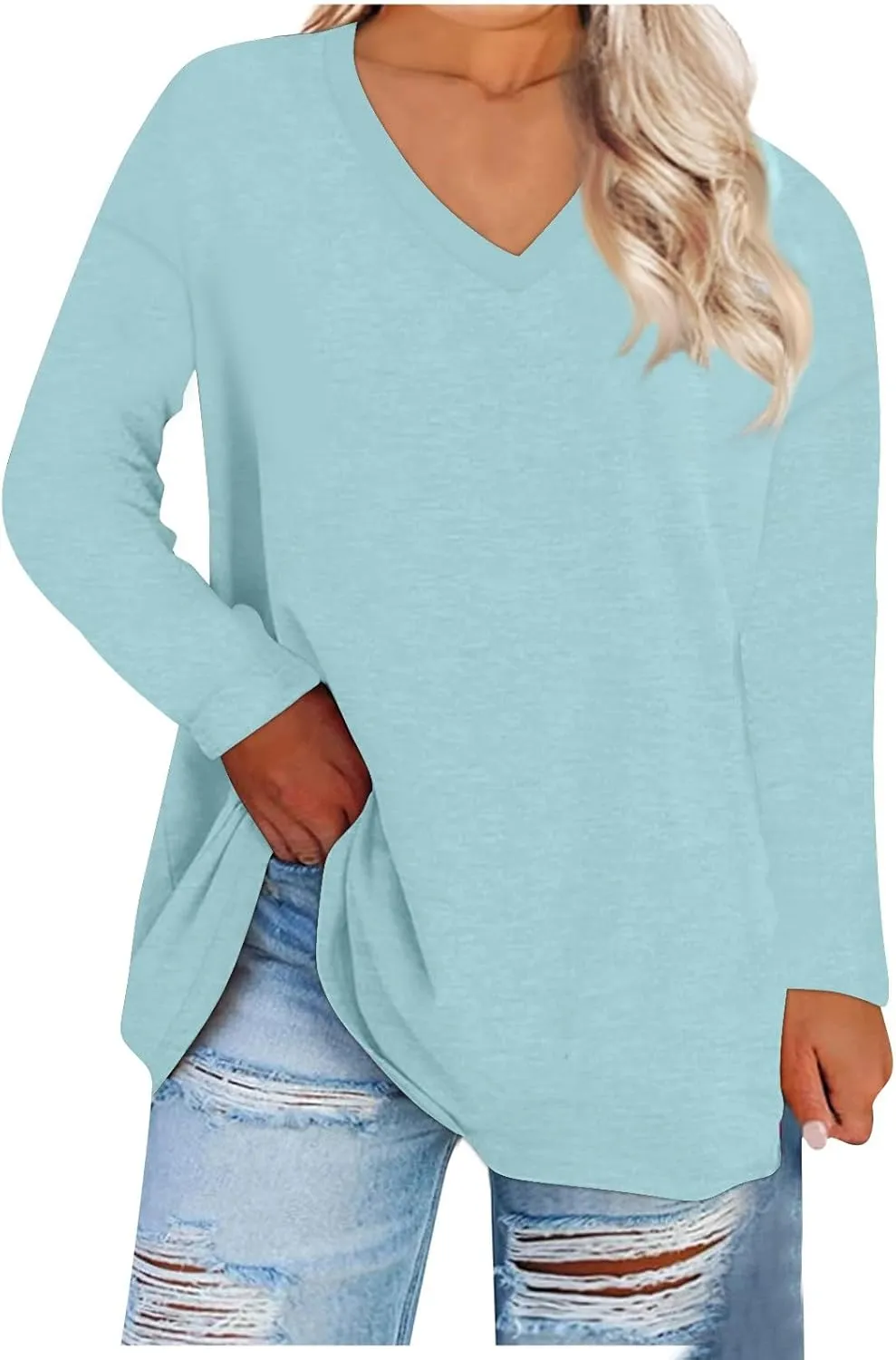 Womens Long Sleeve Tops Oversized V Neck Sweatshirts Casual Trendy Shirts Fall Winter Clothes 2024