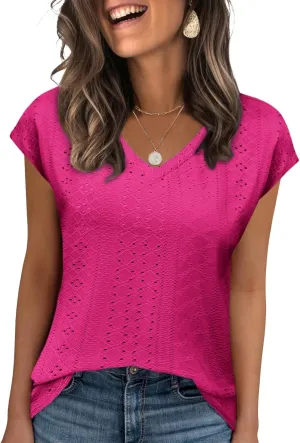 Zeagoo 2025 Women's Tank Top V Neck Eyelet T Shirts Cap Sleeve Tops Loose Fit Blouses Dressy Casual Summer Basic Shirts